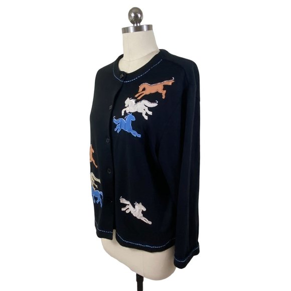Blair Y2K Cardigan Womens Large Black Applicaque Horses Western Cowgirl Novelty - Picture 2 of 9